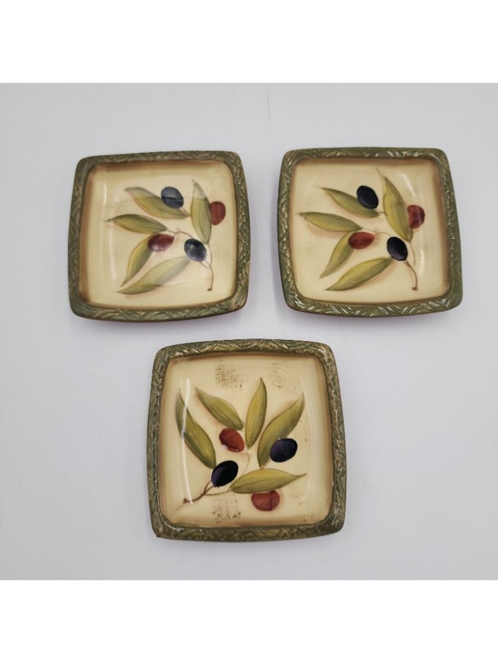 Set of 3 Clay Art Antique Olive Square Salad Plates Appetizer Tapas 4"